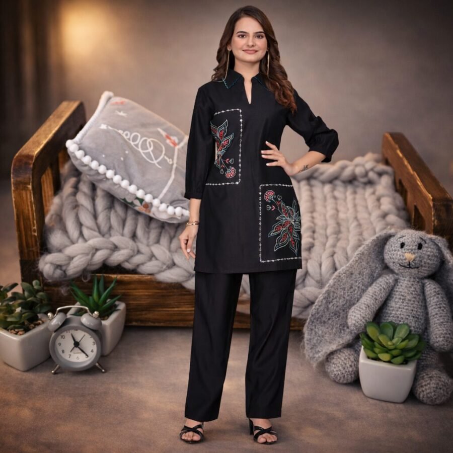 black embroidered coord set with pant for women front view mirror work coord set women premium look vertican fabric coord set embroidered detail designer black coord set full outfit premium ethnic coord set women