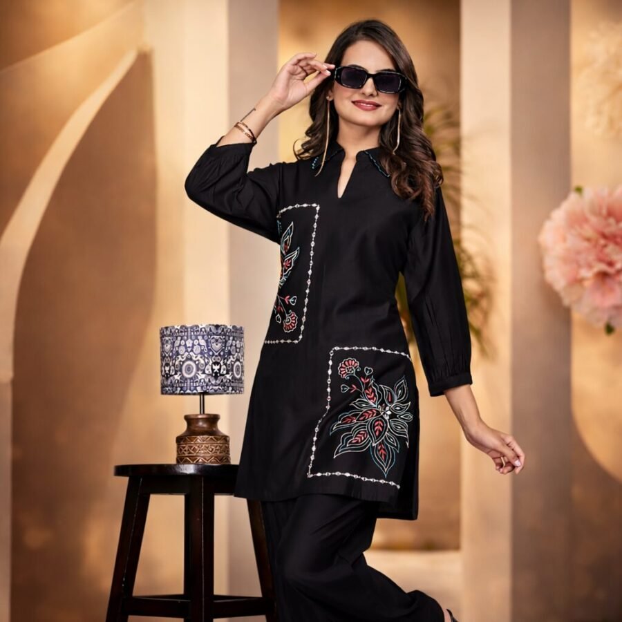 black embroidered coord set with pant for women front view mirror work coord set women premium look vertican fabric coord set embroidered detail designer black coord set full outfit premium ethnic coord set women