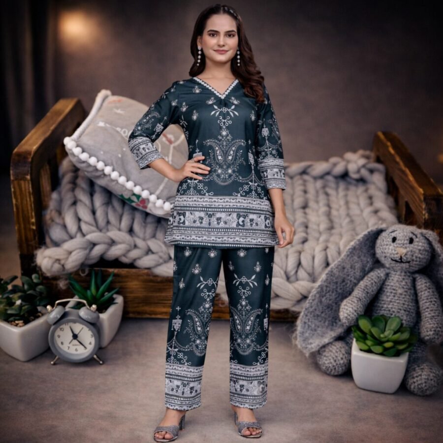 cotton digital print coord set with pant for women front view premium magic cotton coord set women stylish look blue printed coord set women close view digital print coord set elegant design cotton coord set women full outfit