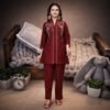 maroon dual tone coord set with pant for women front view embroidered mirror work coord set women premium look berlin fabric coord set party wear designer maroon coord set full outfit luxury coord set women detail