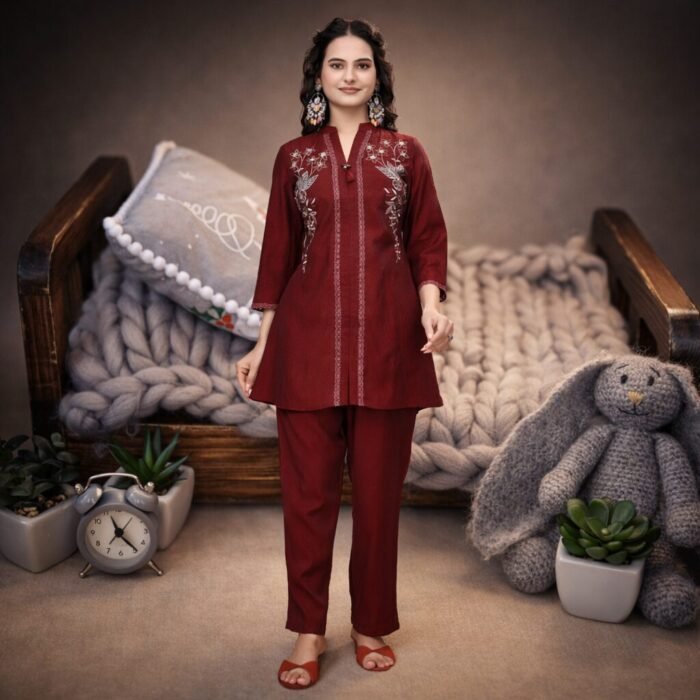 maroon dual tone coord set with pant for women front view embroidered mirror work coord set women premium look berlin fabric coord set party wear designer maroon coord set full outfit luxury coord set women detail