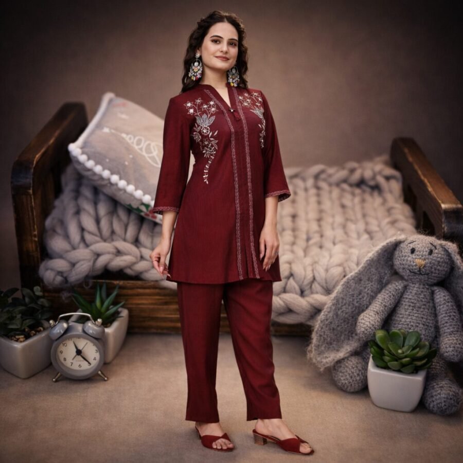 Luxurious Maroon Coord Set with Pant for Women | Premium Dual Tone Embroidered Mirror Work