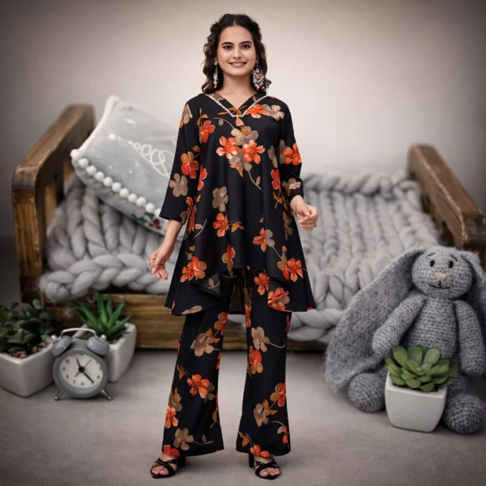 cotton digital print coord set with pant for women front view premium magic cotton coord set women stylish look blue printed coord set women close view digital print coord set elegant design cotton coord set women full outfit