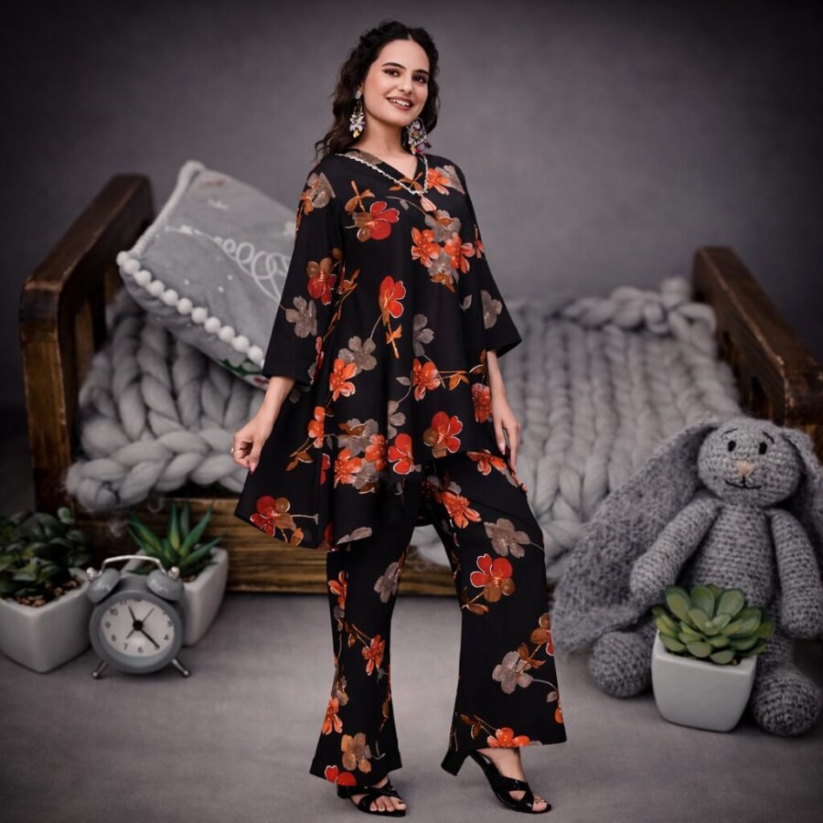 Stunning Black Floral Coord Set with Pant for Women Premium Delta Print Wear
