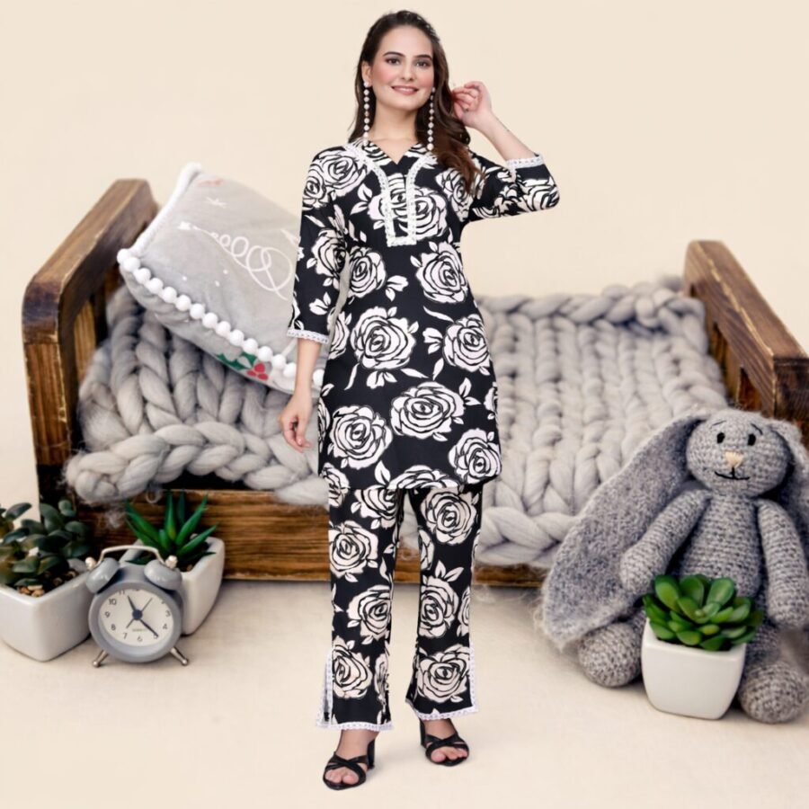 Stunning Black Rayon Printed Coord Set with Pant for Women | Premium Designer Wear