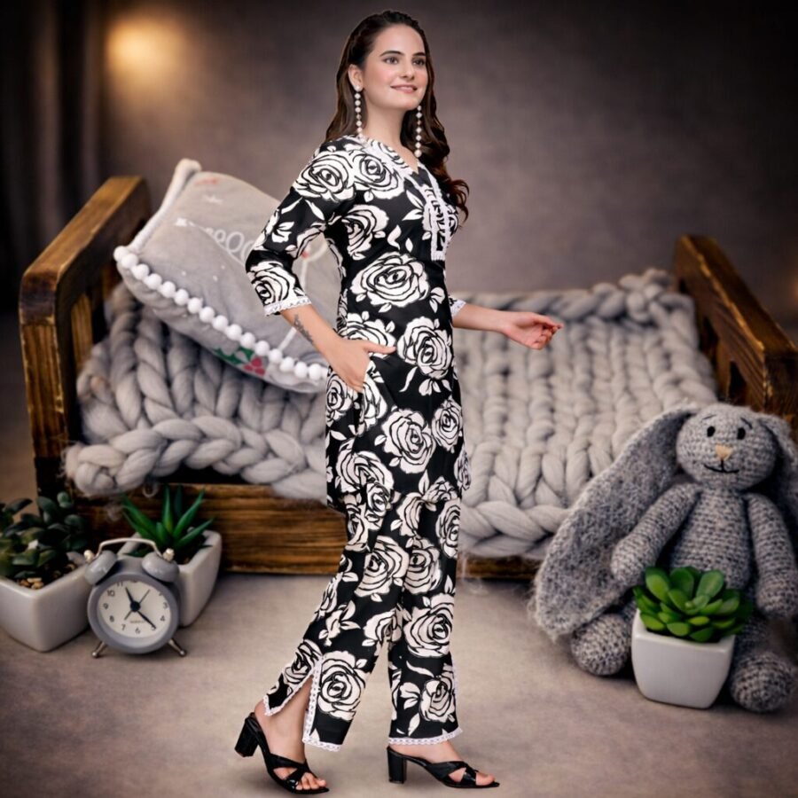 Stunning Black Rayon Printed Coord Set with Pant for Women | Premium Designer Wear
