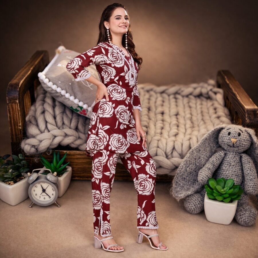 Stunning Maroon Rayon Printed Coord Set with Pant for Women | Premium Designer Wear