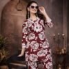 maroon rayon printed coord set with pant for women front view floral rayon coord set women stylish look maroon printed coord set side view designer coord set women full outfit premium rayon coord set floral detail