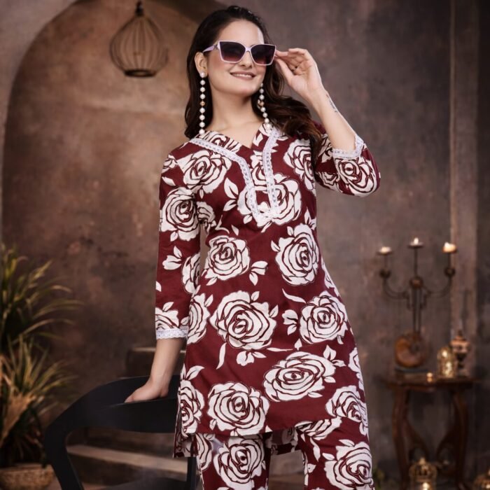 maroon rayon printed coord set with pant for women front view floral rayon coord set women stylish look maroon printed coord set side view designer coord set women full outfit premium rayon coord set floral detail