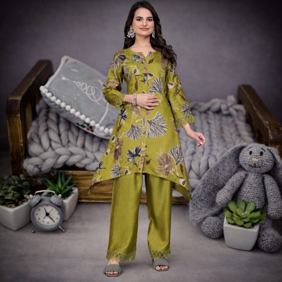 Stunning Mehendi Green Coord Set with Pant for Women Premium Designer Wear printed mehendi green coord set women stylish look