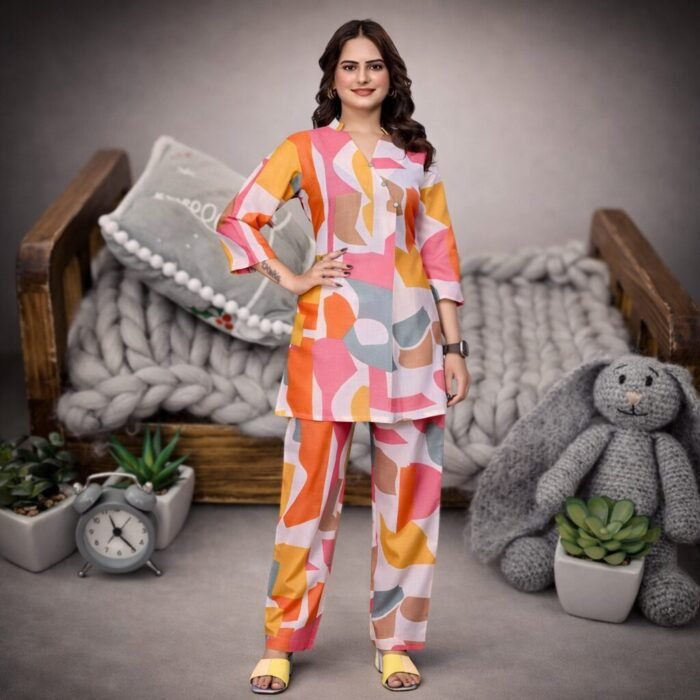 cotton digital print coord set with pant for women front view premium magic cotton coord set women stylish look
