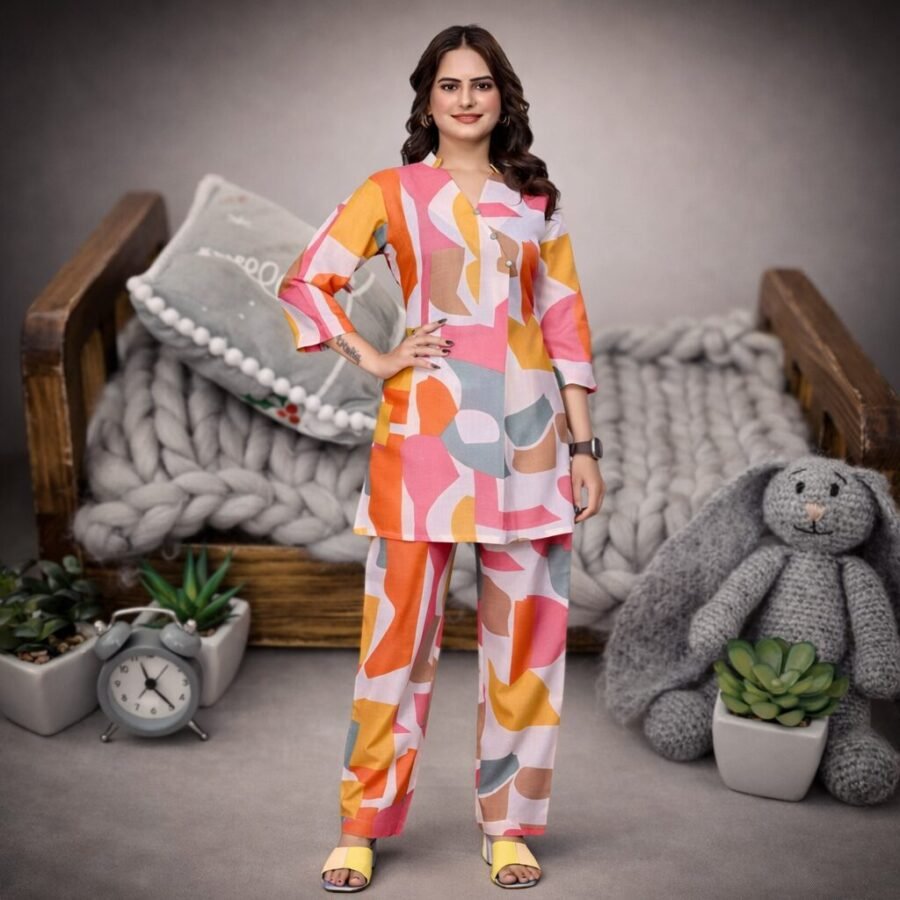 cotton digital print coord set with pant for women front view premium magic cotton coord set women stylish look
