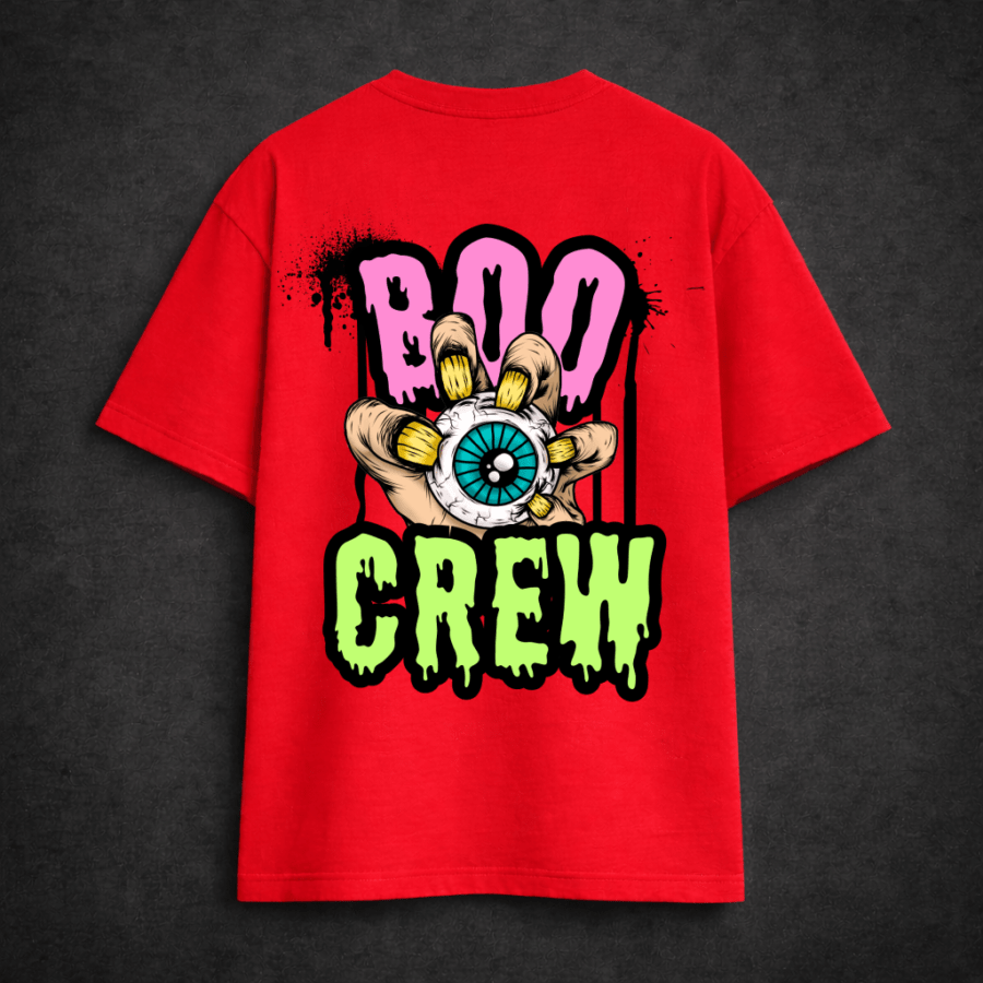 boo crew red back Premium Oversized TShirt Printed Ultra Comfortable Cotton 200 GSM Red Boo Crew